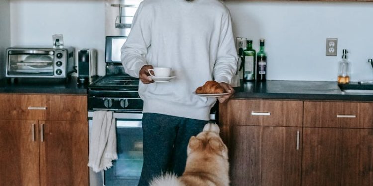 Black man standing with cup of coffee and croissant near Akita Inu